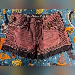Rock Revival Red Jean Shorts with Black Lace Trim